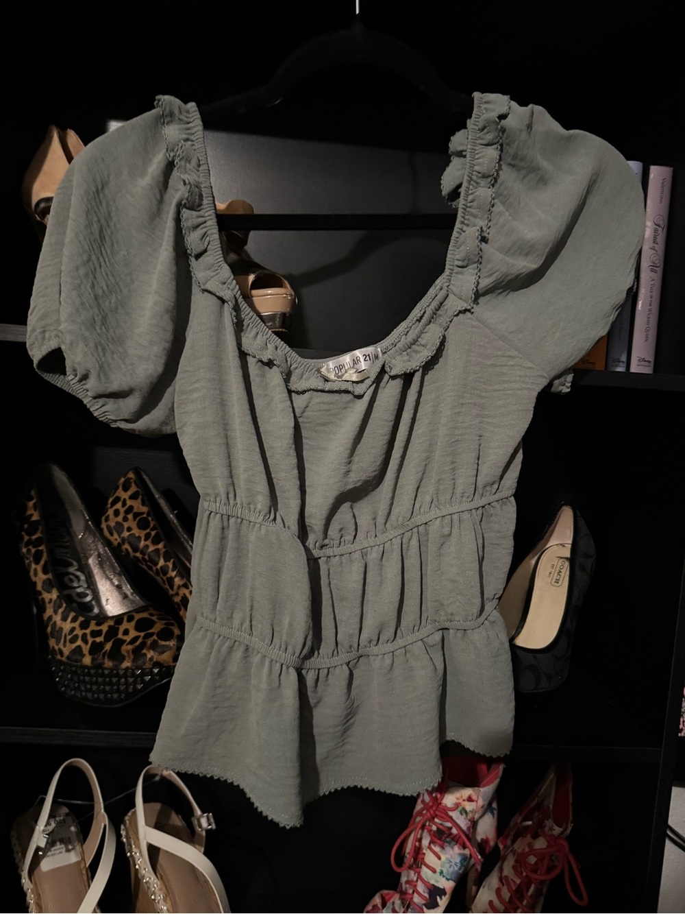 Light Sage Puff-Sleeve Peplum Tunic Top